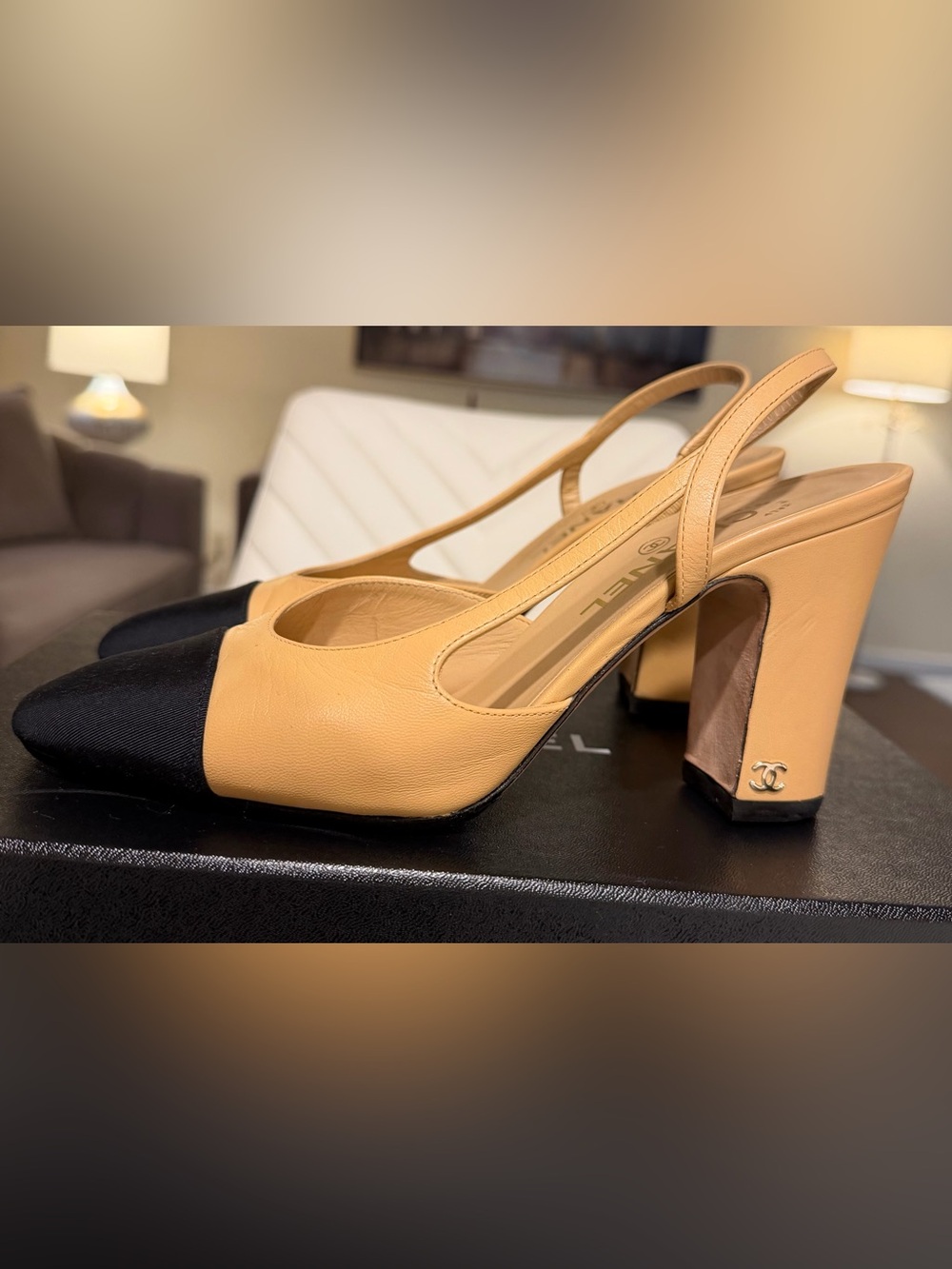 CHANEL Authentic Tan/Black Leather Slingback Block Heels Size 38 - Picture 3 of 13